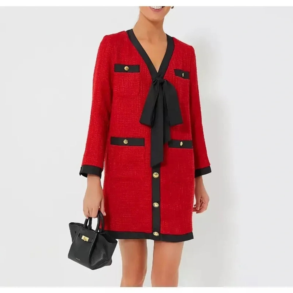 Tuckernuck Red Tweed Shift Dress with Black Trim and Bow